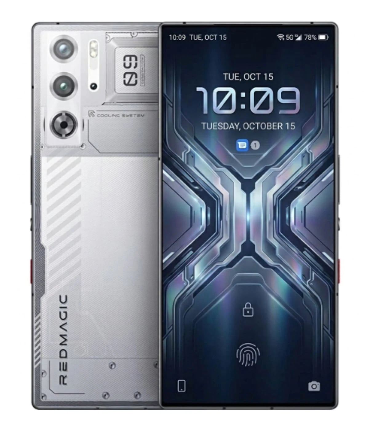 ZTE Nubia Red Magic 12 Pro smartphone featuring a sleek silver design with a futuristic cooling system, dual rear cameras, and a vibrant display showcasing the date and time. The device has a unique geometric pattern on the back and a fingerprint…