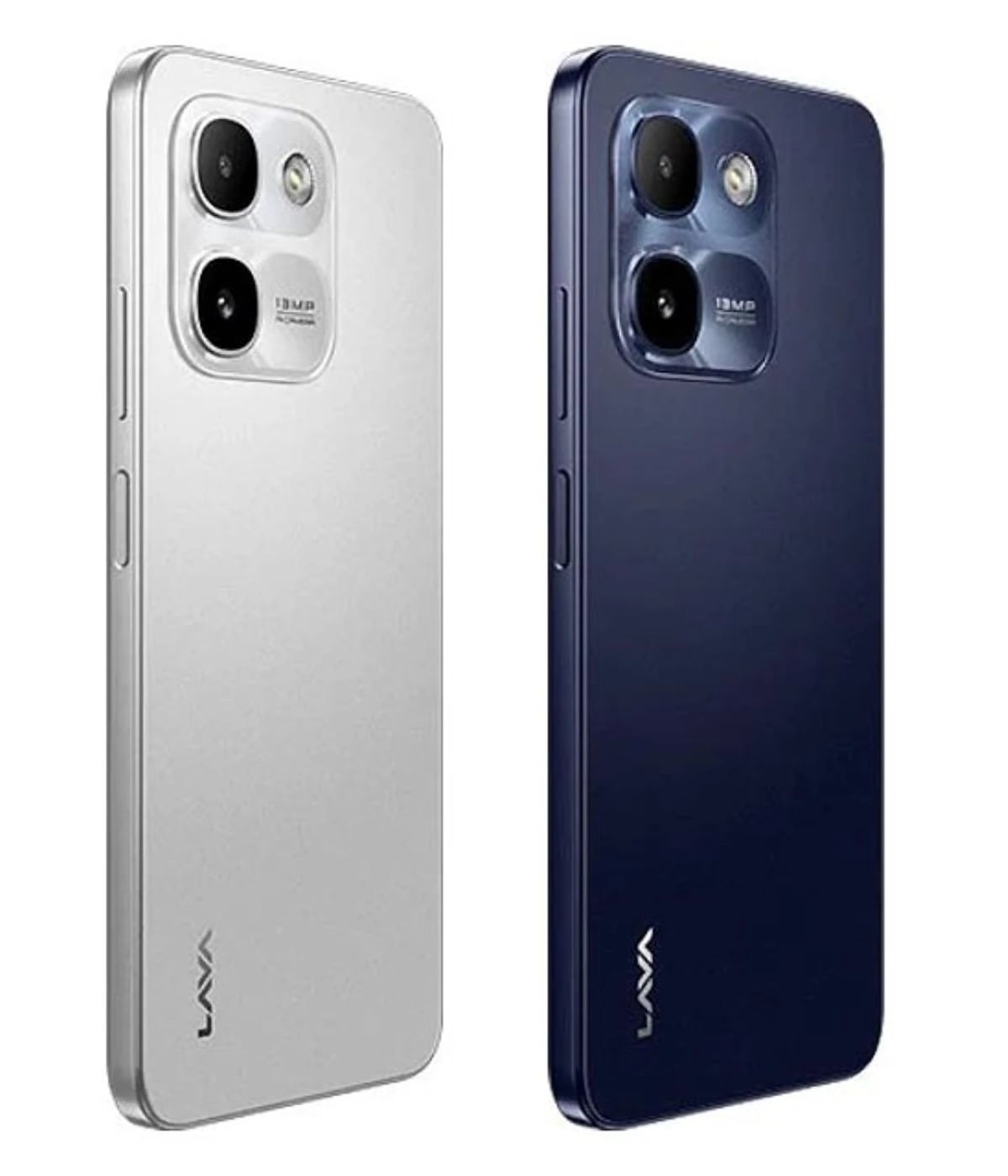 Lava Smart 4 Plus smartphone in silver and navy blue colors, featuring dual 13MP cameras, sleek design, and modern finish. The silver variant showcases a smooth matte texture, while the navy blue variant has a glossy appearance. Both phones are…