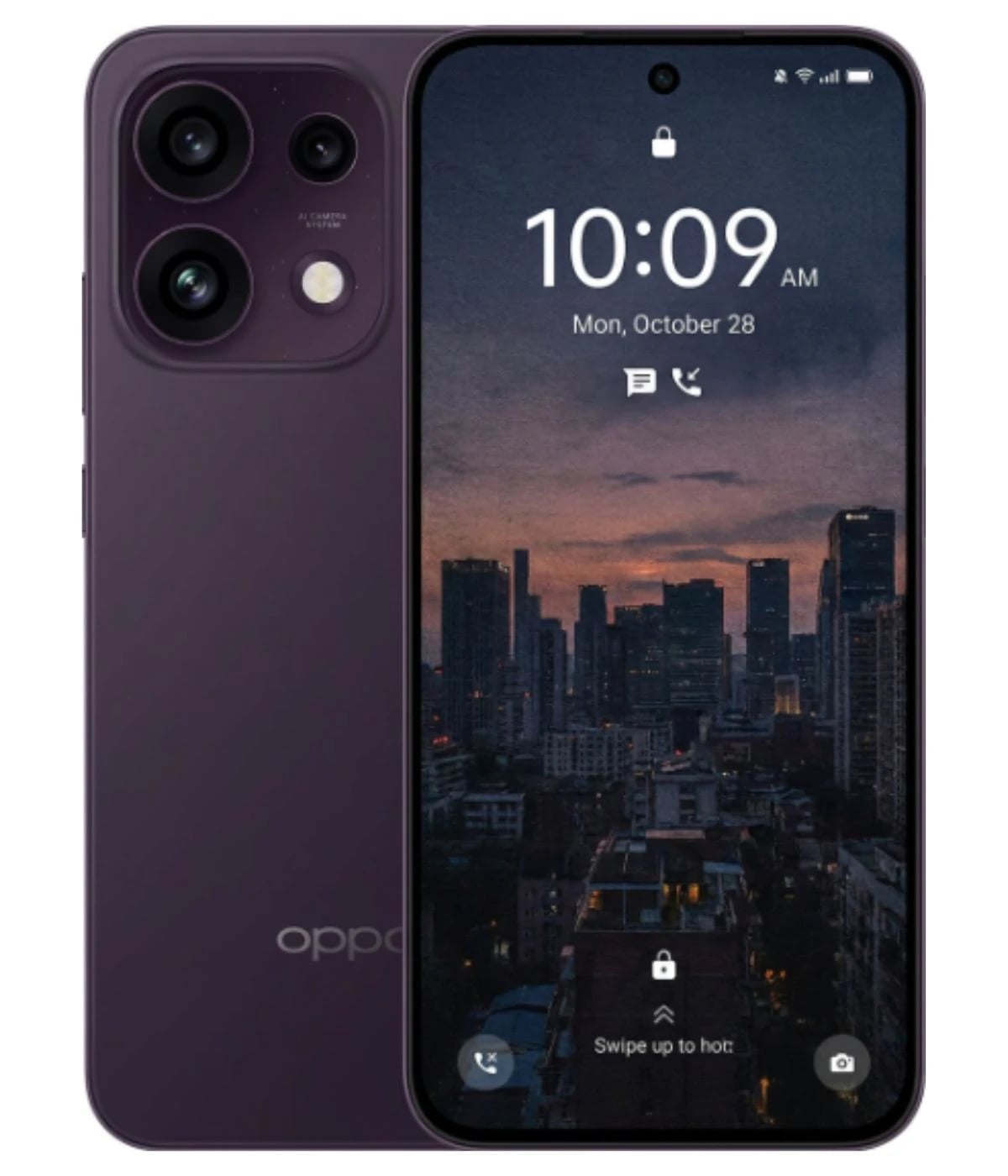 Oppo Reno 16 FS smartphone in a sleek purple finish, featuring a vibrant display showing a city skyline at dusk. The device has a triple camera setup on the back, emphasizing its modern design and advanced photography capabilities.