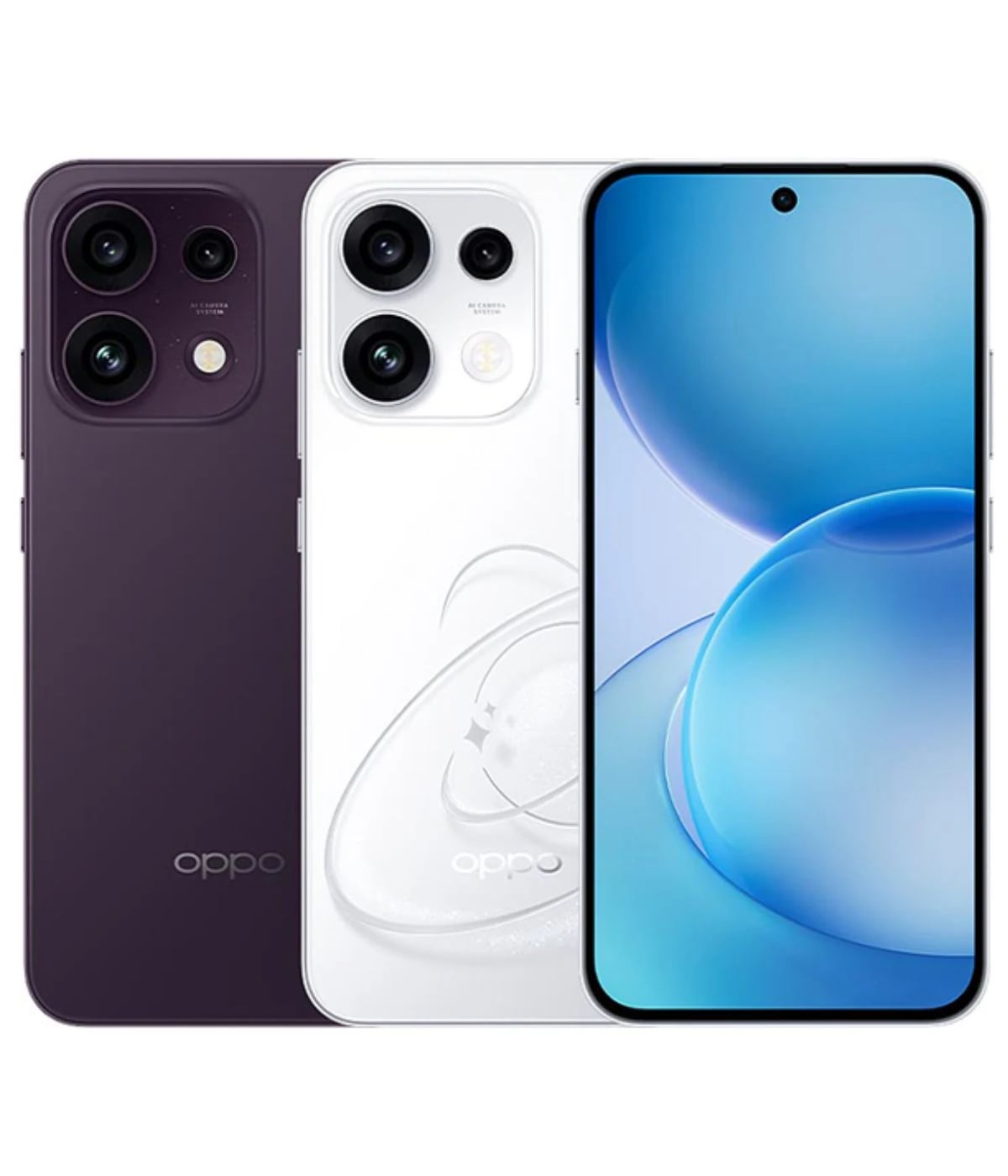 Oppo Reno 16 FS smartphone in two colors: a sleek purple back with a triple camera setup and a glossy white front featuring a vibrant display. The design showcases modern aesthetics and advanced camera technology.