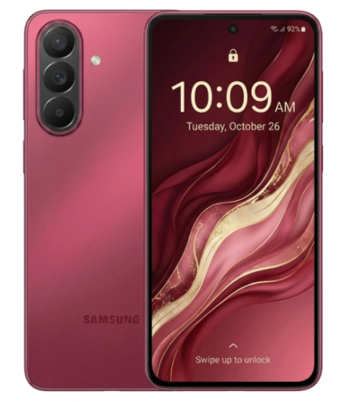 Samsung Galaxy M47 smartphone in a striking pink color, featuring a sleek design with a triple camera setup on the back. The display shows the time and a vibrant wallpaper, highlighting its modern aesthetics.