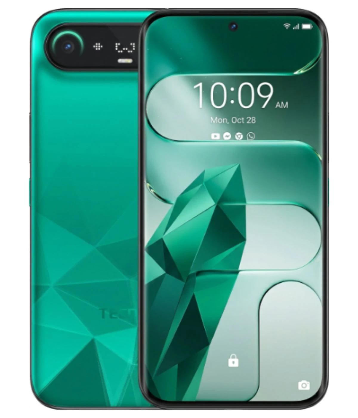 Tecno Camon Slim smartphone in vibrant teal color featuring a geometric design on the back, showcasing a sleek front display with a digital clock and app icons. The device has a modern aesthetic with rounded edges and a minimalist look.