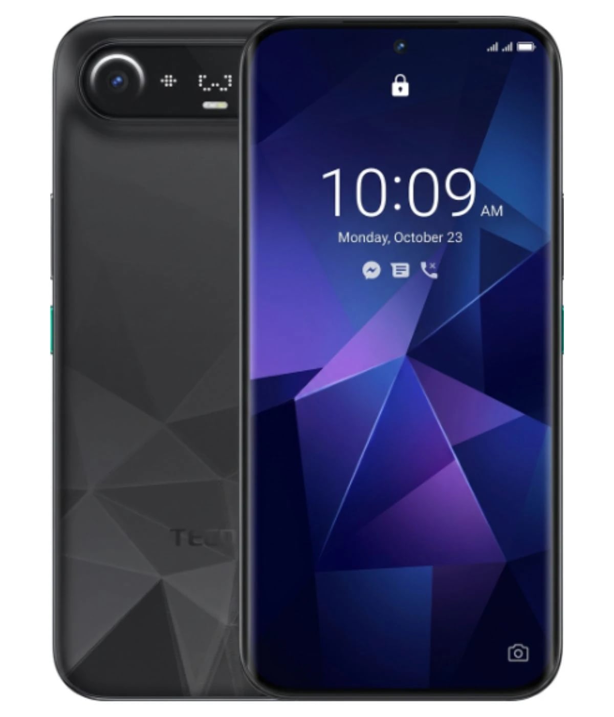 Tecno Camon Slim smartphone featuring a sleek black design with a geometric pattern on the back. The front displays a vibrant screen showing the time and date. The device is positioned against a plain background, highlighting its modern aesthetic.