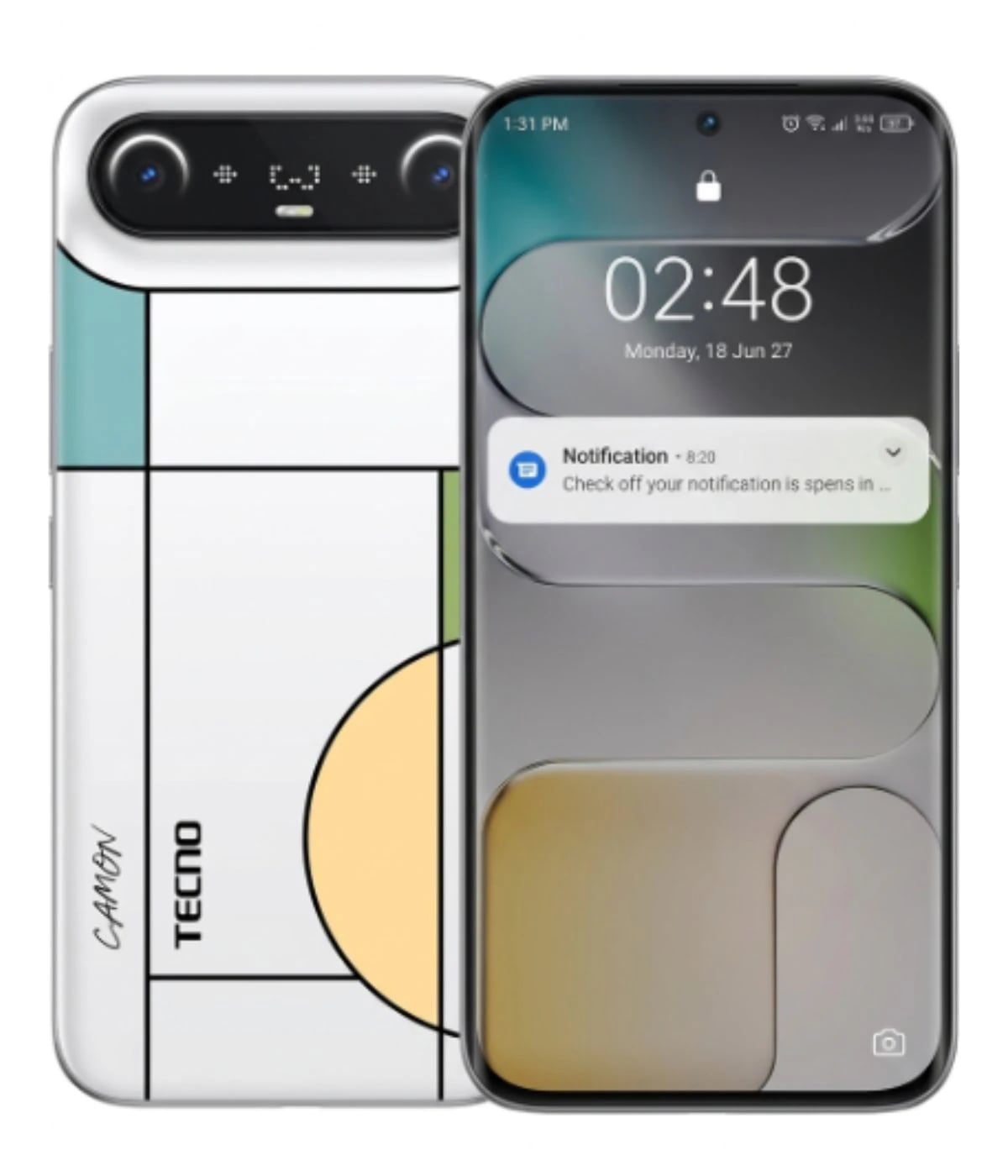Tecno Camon smartphone featuring a unique geometric design with a white back, colorful accents, and a sleek front display. The device shows a notification on the screen, highlighting its modern interface.