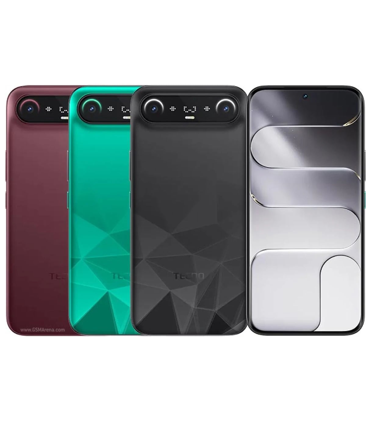 Tecno Camon Slim smartphone collection featuring four color variants: burgundy, teal, black, and silver. Each phone showcases a sleek design with a geometric pattern and dual rear cameras, set against a plain background.