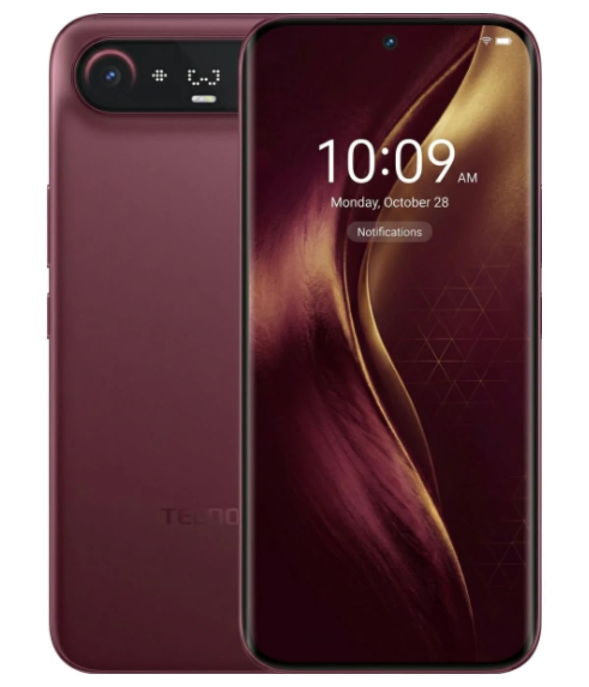Tecno Camon Slim smartphone in a rich burgundy color, featuring a sleek design with a vibrant display showing the time and notifications. The back showcases the brand logo and a dual-camera setup, emphasizing its modern aesthetics.