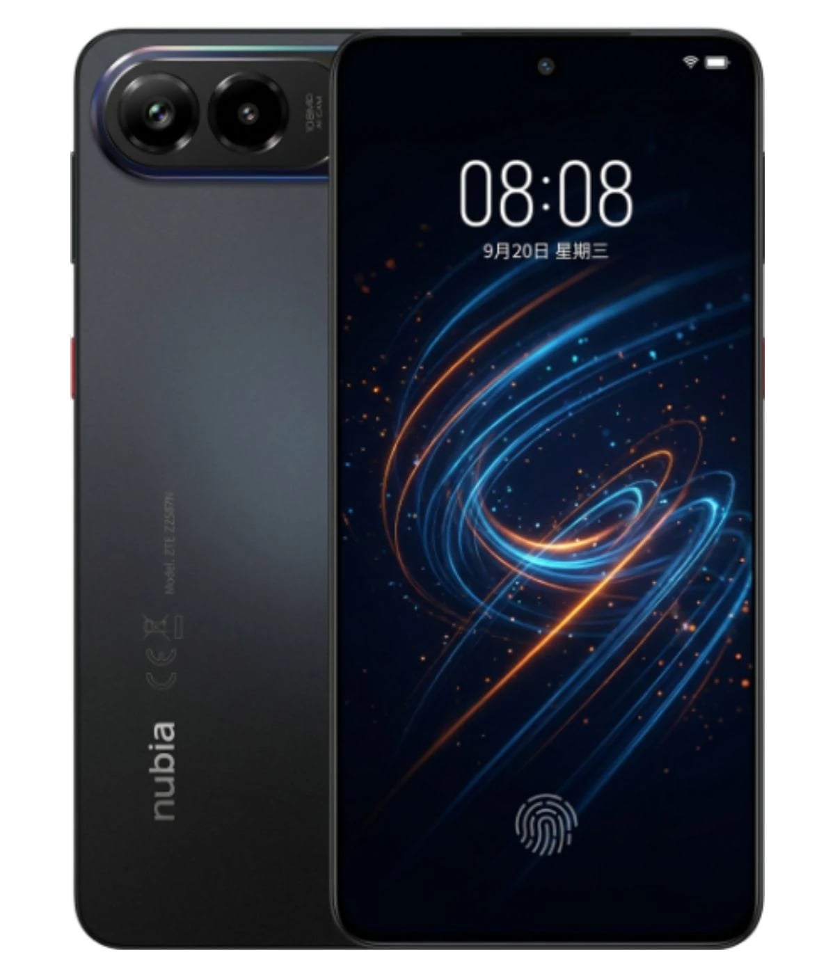 ZTE Nubia Air Pro smartphone featuring a sleek black design, dual rear cameras, and a vibrant display with a fingerprint sensor. The device showcases a modern aesthetic with a glossy finish and dynamic visual effects on the screen.