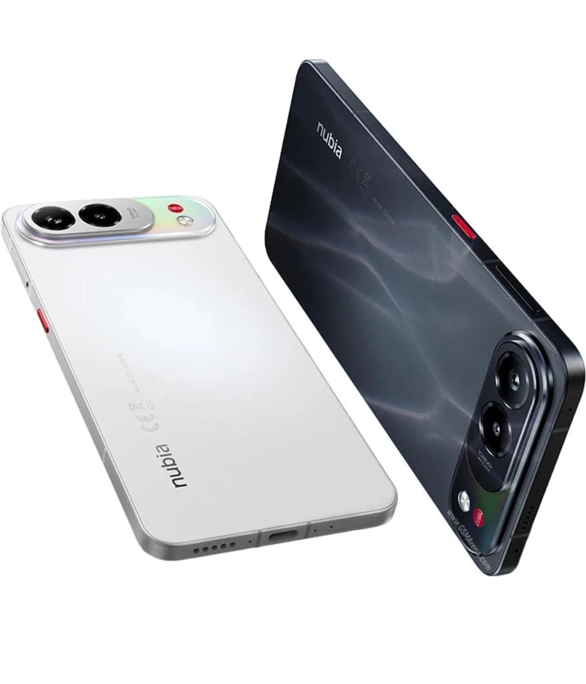ZTE Nubia Air Pro smartphone featuring a sleek white front with dual cameras and a glossy black back. The design includes a vibrant red accent button, showcasing modern aesthetics and advanced technology.