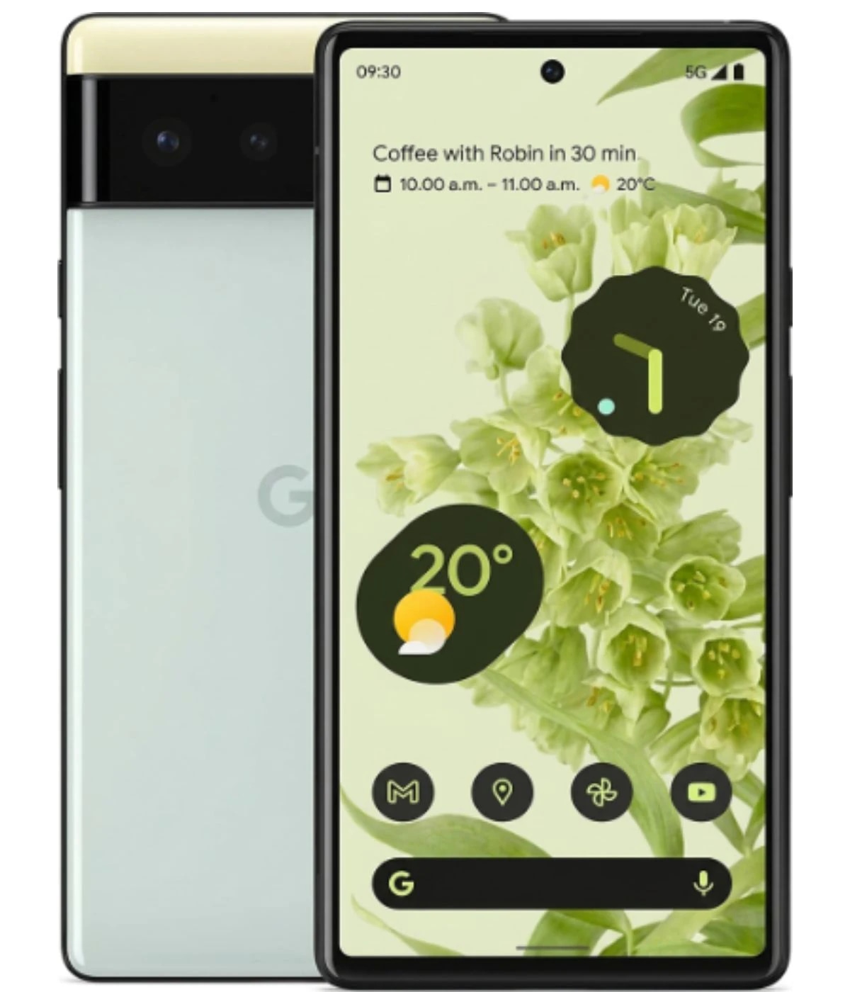 Google Pixel 6 smartphone in light green color with a sleek design, featuring a vibrant display showcasing a floral wallpaper and various app icons. The back has a dual-camera setup with a distinctive black camera bar.