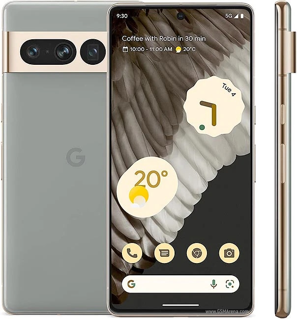 Google Pixel 7 Pro smartphone in a soft green color with a gold camera strip. Features a vibrant display showcasing weather widgets and app icons. The device is shown from the front and side, highlighting its sleek design and premium finish.