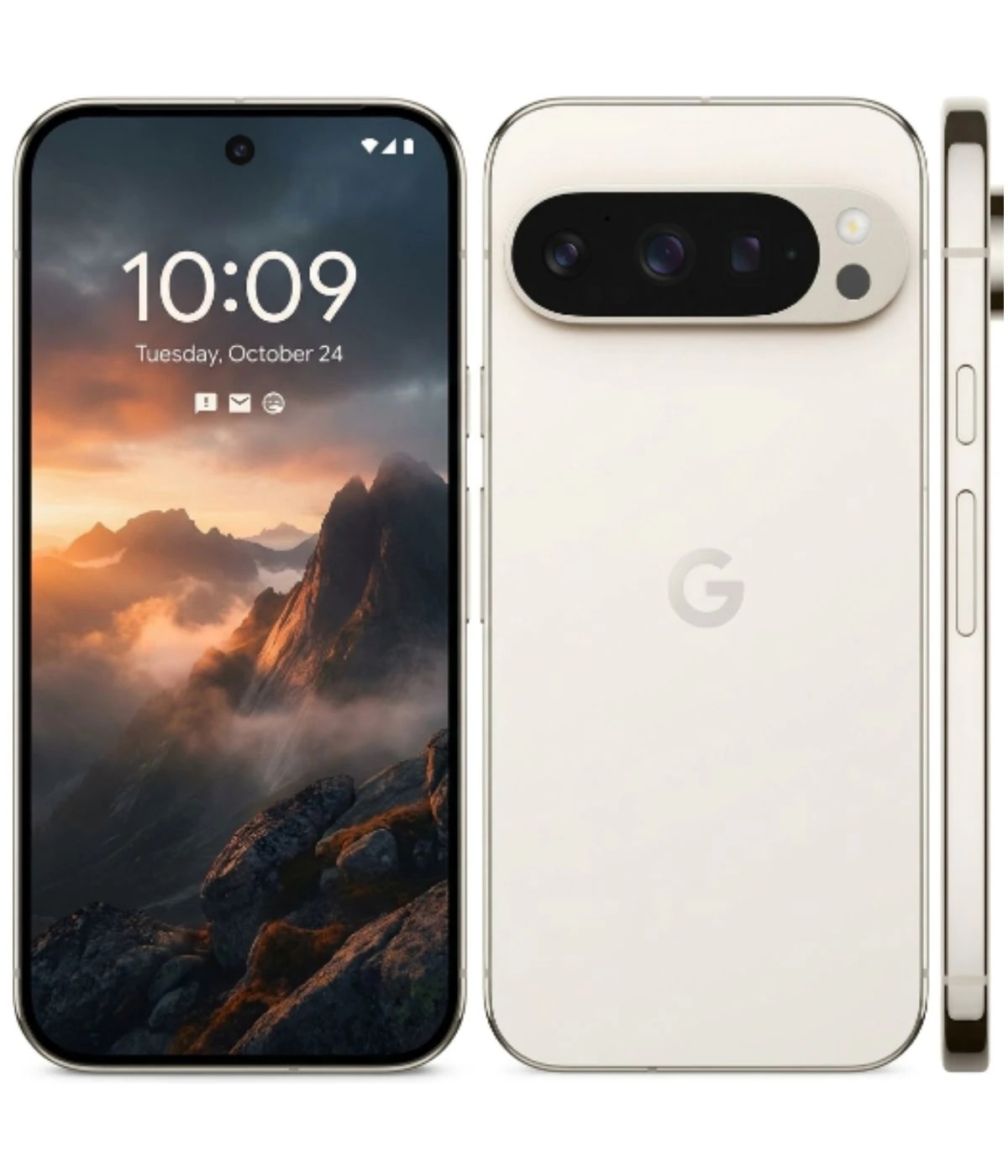 Google Pixel 9 Pro smartphone in a sleek white finish, showcasing a vibrant mountain landscape on the display. The device features a triple-camera setup on the back, with a polished metal frame and a minimalist design. Front view highlights the…