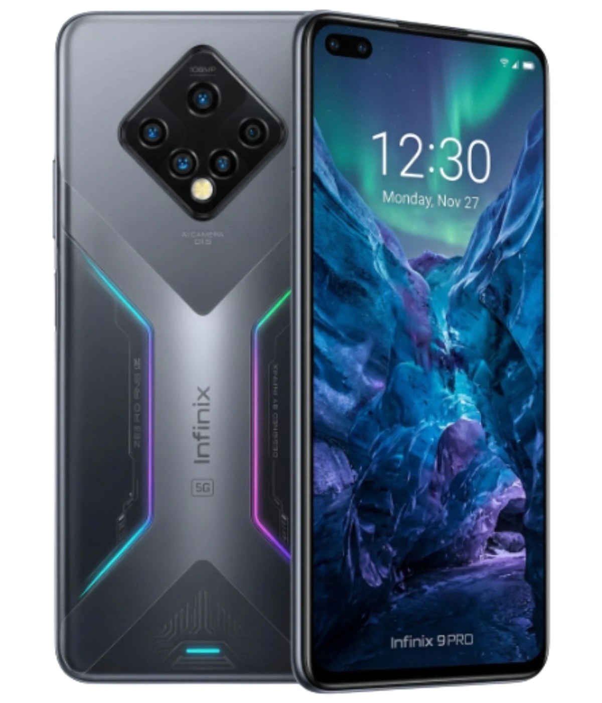 Infinix Zero 9 Pro smartphone featuring a sleek gray design with a vibrant LED accent, 108MP camera setup, and a stunning display showcasing the time and date. The device is presented in a front view against a plain background.
