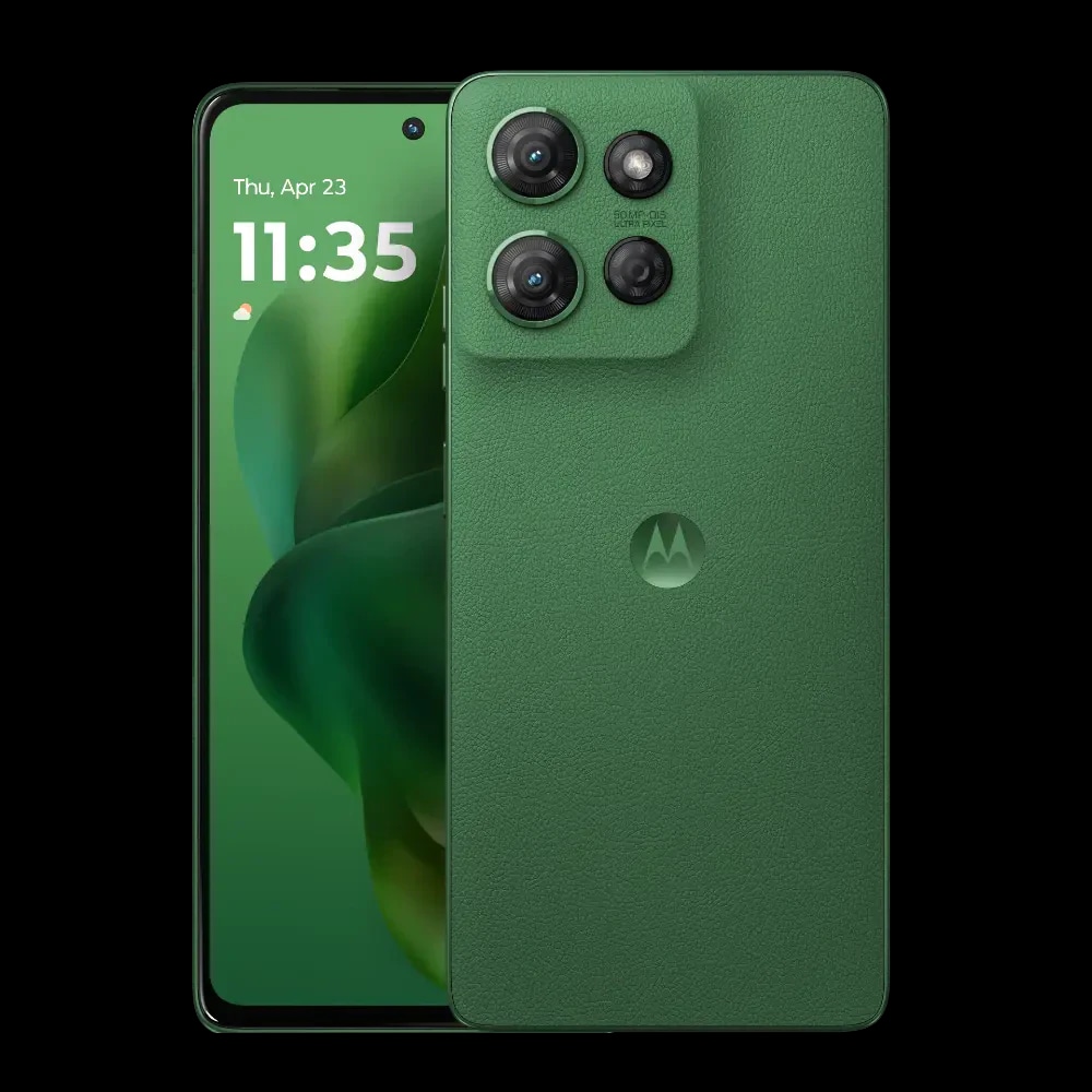 Motorola Moto G Power smartphone in a vibrant green color with a textured finish. Features a triple-camera setup on the back and a sleek front display showing the time and date. Ideal for photography enthusiasts and everyday users.