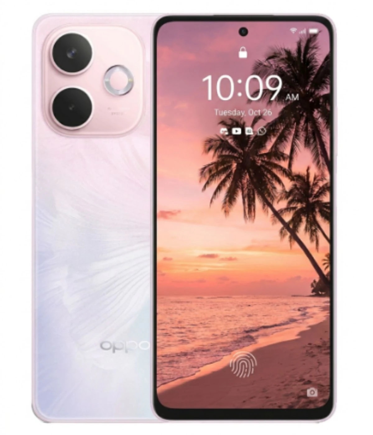 Oppo A5 Pro smartphone featuring a sleek design with a pastel pink back, dual camera setup, and vibrant display showing a tropical sunset. The device has a fingerprint sensor on the screen and a modern aesthetic.