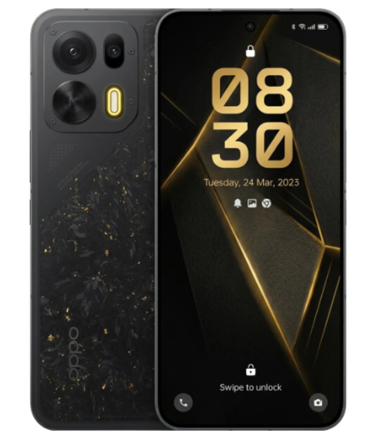 Oppo K15 Pro smartphone featuring a sleek black design with a textured back and dual camera setup. The display shows a stylish lock screen with golden accents and the date March 24, 2023. Ideal for tech enthusiasts.