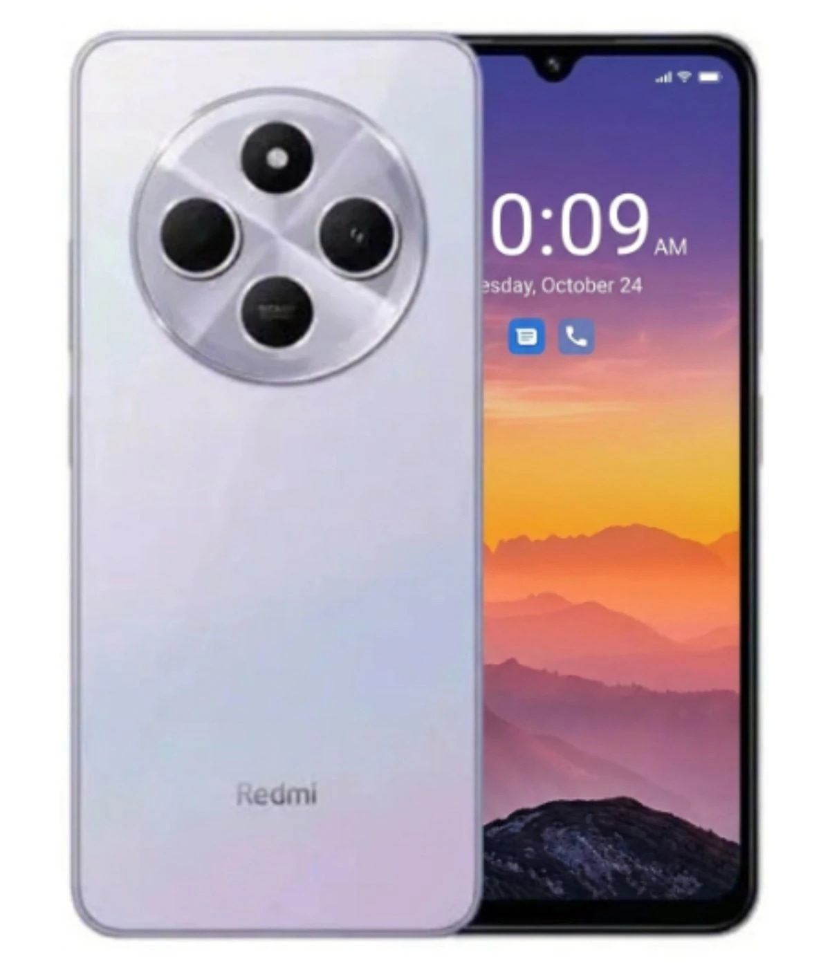 Redmi 16C smartphone featuring a sleek white design with a circular camera module housing four lenses. The display shows a vibrant sunset background, highlighting its modern aesthetics and functionality.