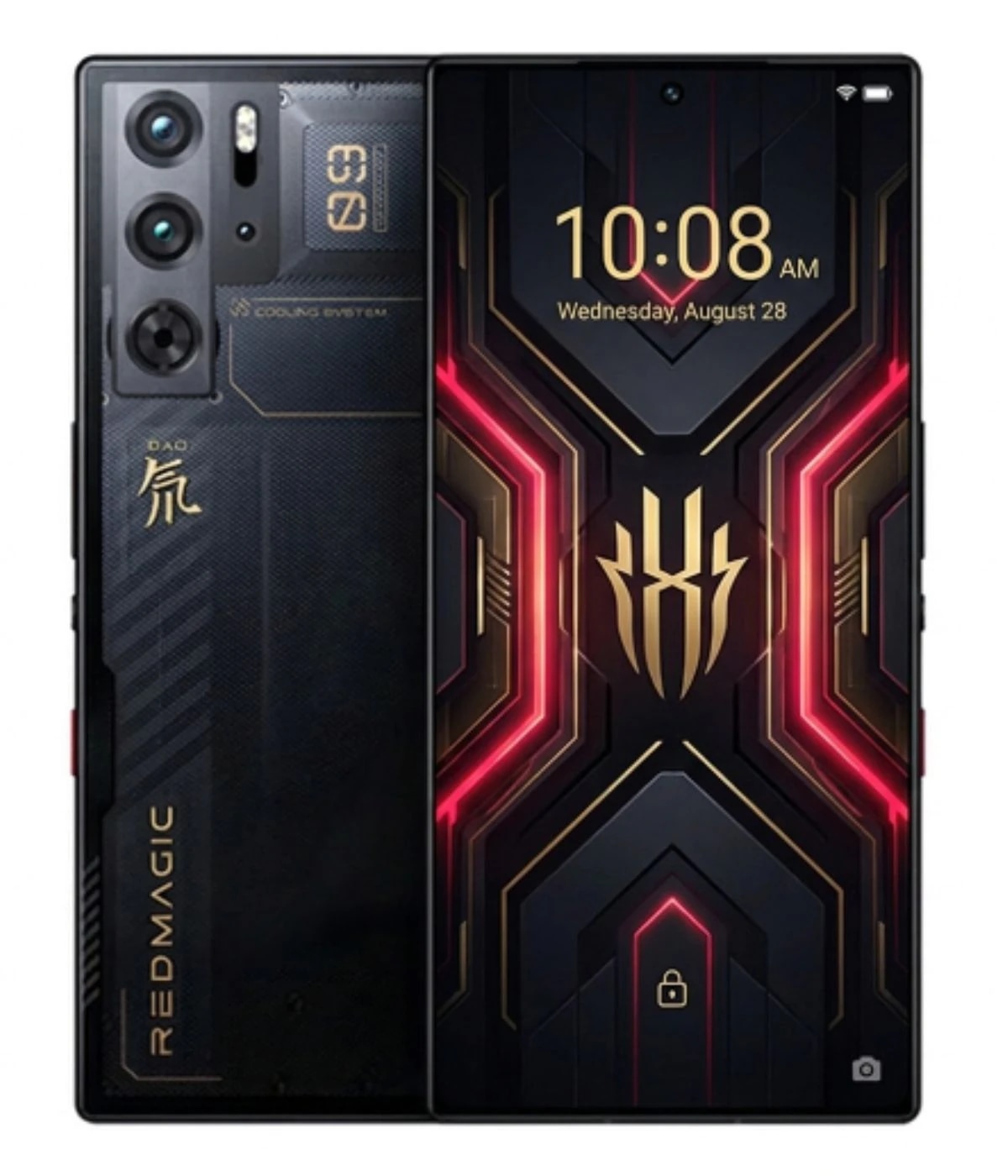 Redmagic A7 Pro smartphone featuring a sleek black design with gold accents, showcasing a vibrant display with a futuristic interface. The device includes a triple camera setup and is designed for high-performance gaming.
