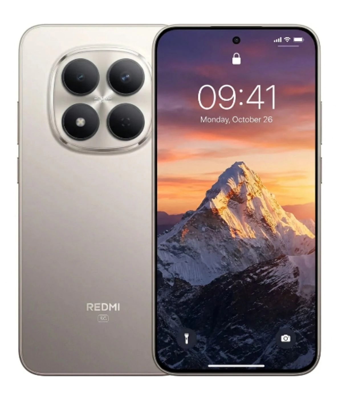 Redmi Note 15 smartphone in a sleek silver finish, featuring a stunning display with a mountain wallpaper. The back showcases a quad-camera setup with a glossy design. Ideal for tech enthusiasts seeking modern aesthetics and functionality.