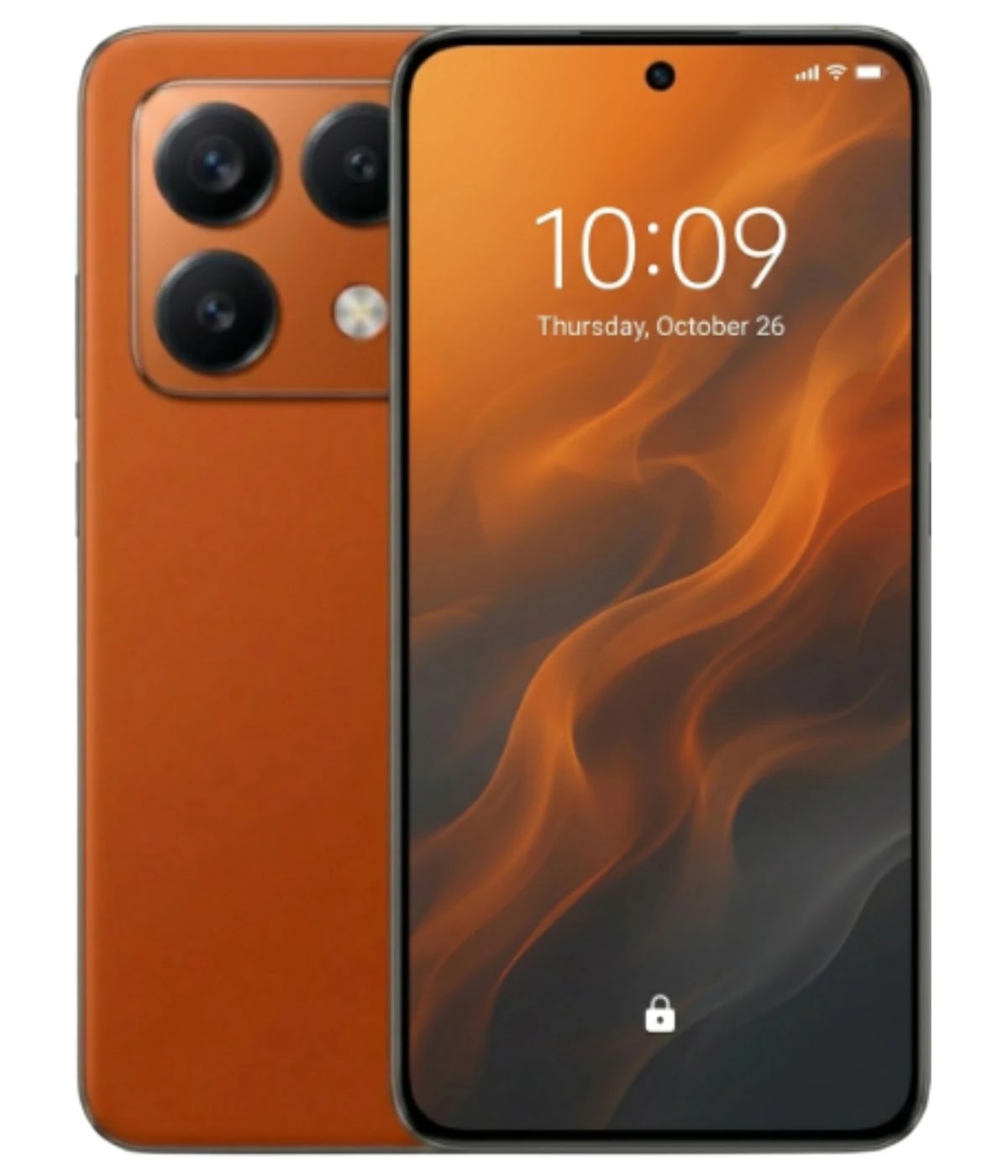Redmi Note 16 smartphone in a striking orange color with a sleek design. Features a vibrant display showing the time, and a triple-camera setup on the back. Ideal for tech enthusiasts seeking style and performance.
