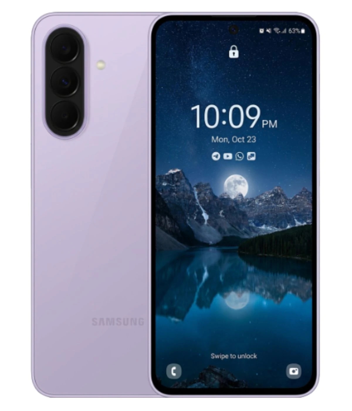 Samsung Galaxy A37 smartphone in lavender color featuring a sleek design, triple rear camera setup, and vibrant display showing a scenic night view with a moonlit lake. The device is positioned against a plain background, highlighting its modern…