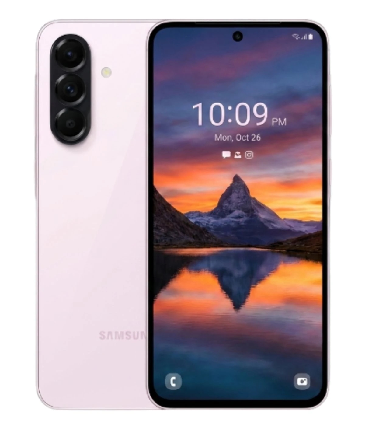 Samsung Galaxy A56 smartphone in a sleek pink design, featuring a vibrant display showcasing a mountain landscape at sunset. The device has a triple camera setup on the back and a modern front view with a centered punch-hole camera.