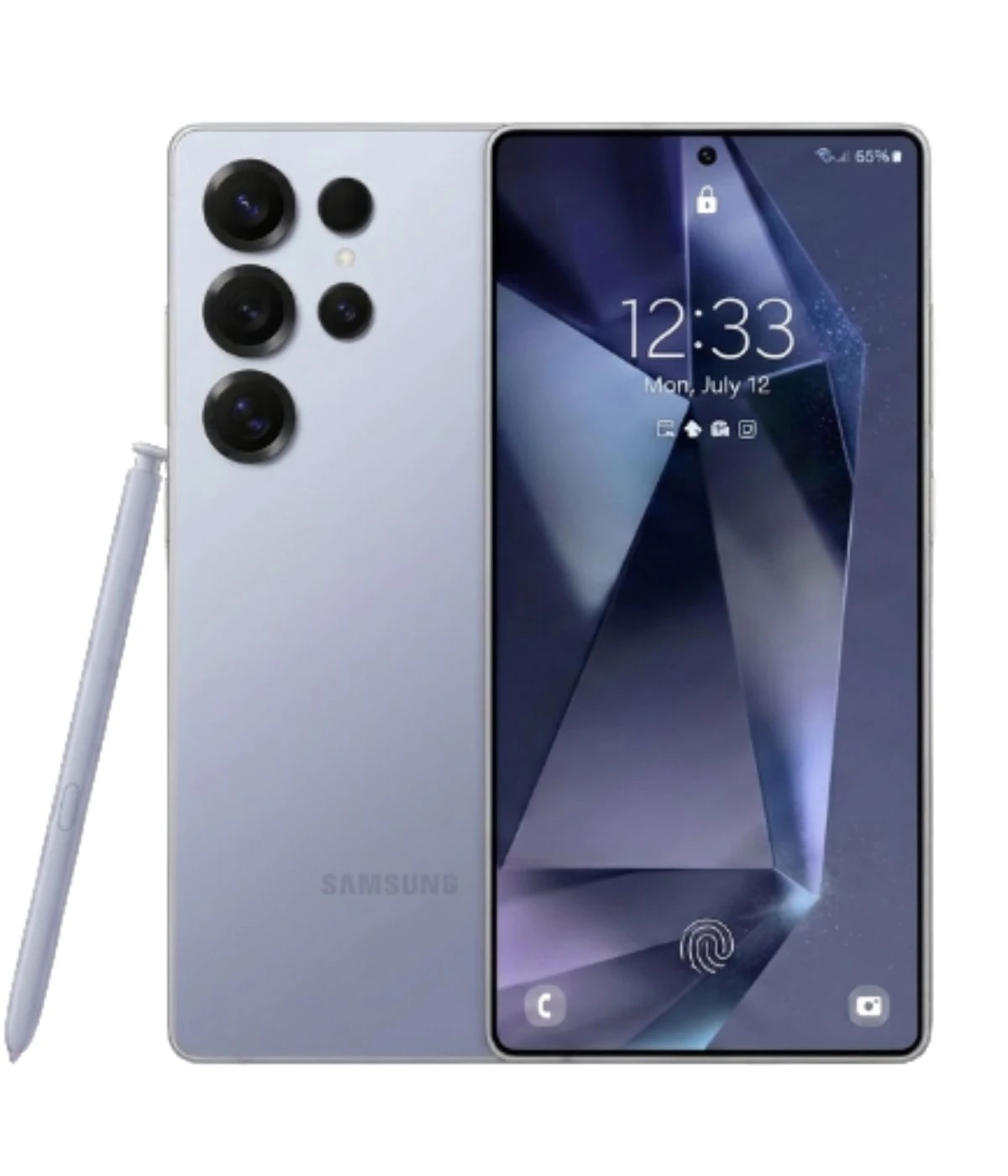 Samsung Galaxy S27 Ultra smartphone in sleek silver finish, featuring a large display with a fingerprint sensor, three rear cameras, and an S Pen. The device is shown from the front with a modern design and minimal bezels.