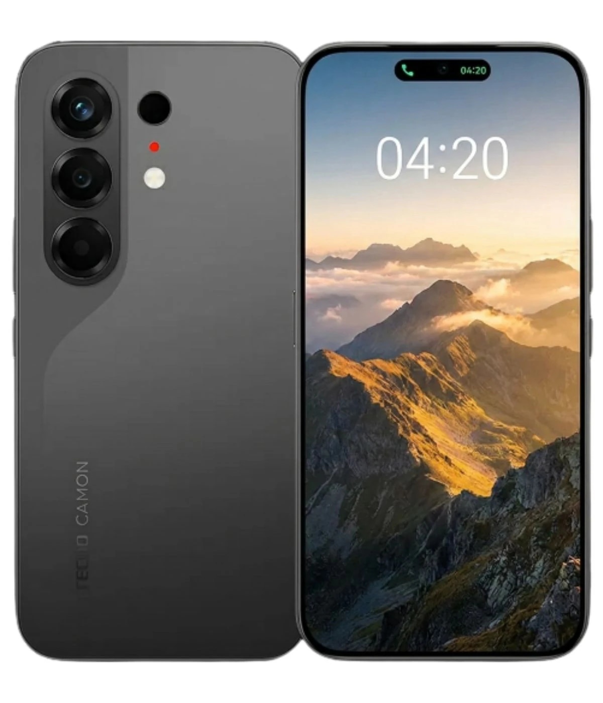 Tecno Camon 50 smartphone in sleek black design featuring a triple camera setup on the back and a vibrant display showcasing a mountain landscape. The device has a modern aesthetic with rounded edges and a glossy finish.