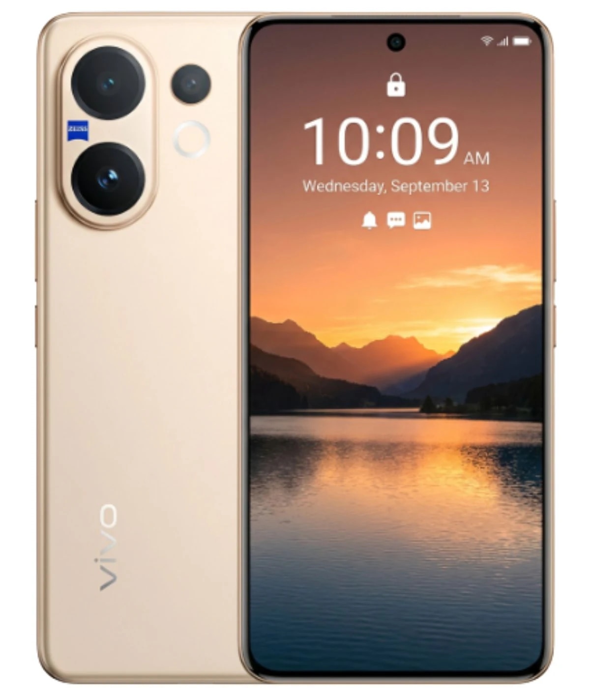 Vivo V60 smartphone in gold color featuring a sleek design, dual rear cameras with Zeiss optics, and a vibrant display showing a scenic sunset over a lake. The device has a modern front with a central camera cutout.