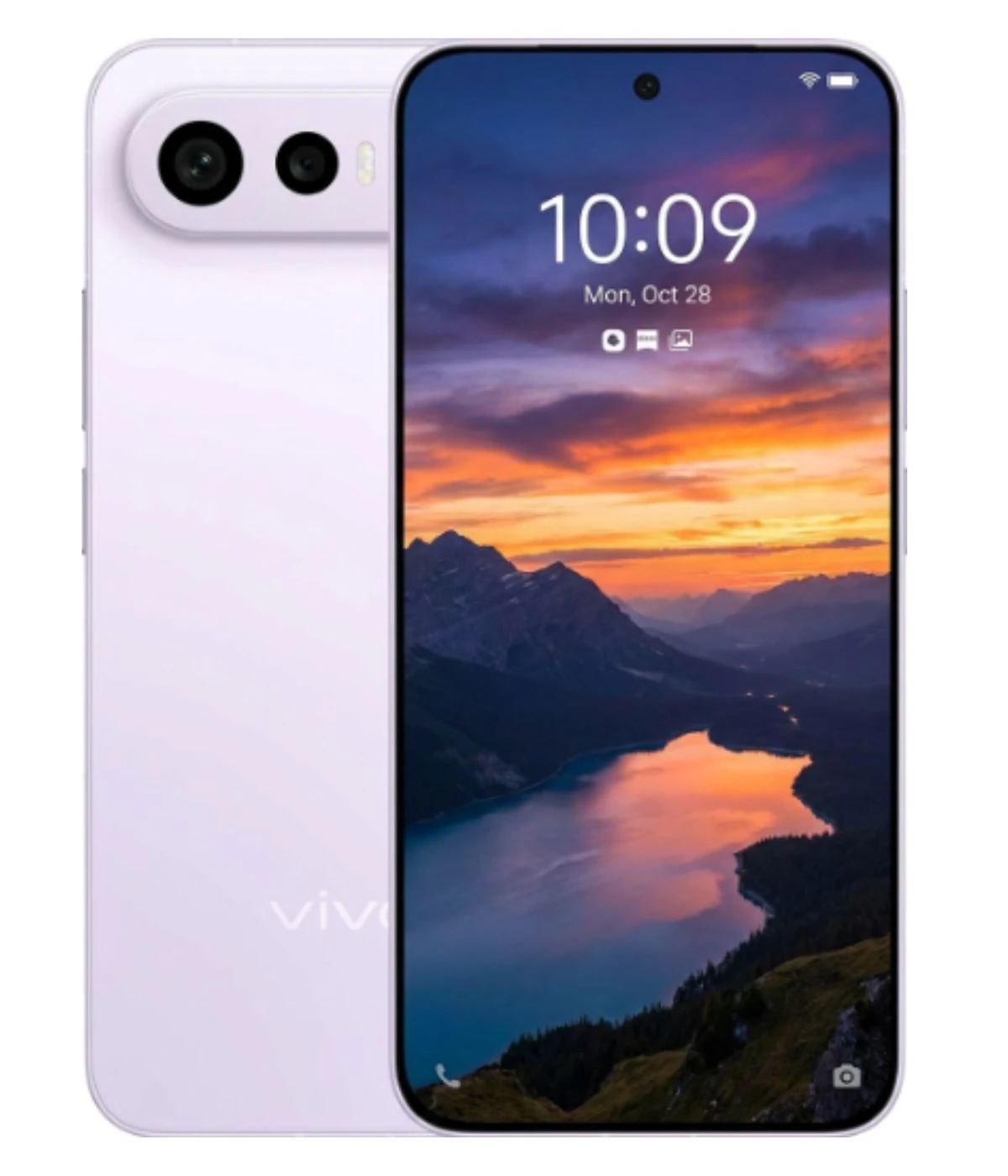 Vivo X300 FE smartphone in lavender color showcasing a stunning display with a scenic sunset over a lake. Features dual rear cameras and a sleek design. Front view highlights the vibrant screen and minimal bezels.