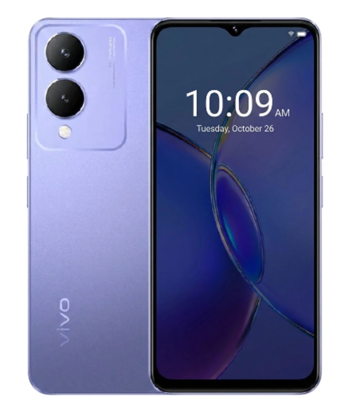 Vivo Y17s smartphone in a stylish lavender color featuring a dual-camera setup on the back and a vibrant display showing the time and date. The sleek design highlights its modern aesthetics.