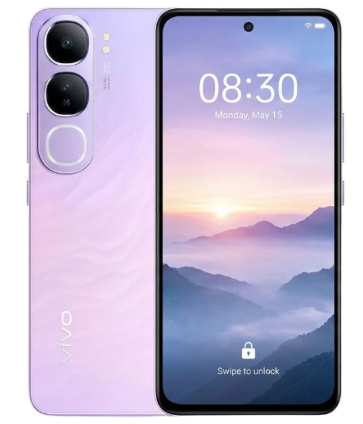 Vivo Y200 smartphone in a stunning purple gradient finish, featuring dual rear cameras and a vibrant display showing a mountain landscape. The sleek design includes a front-facing camera and a modern interface with a lock screen.