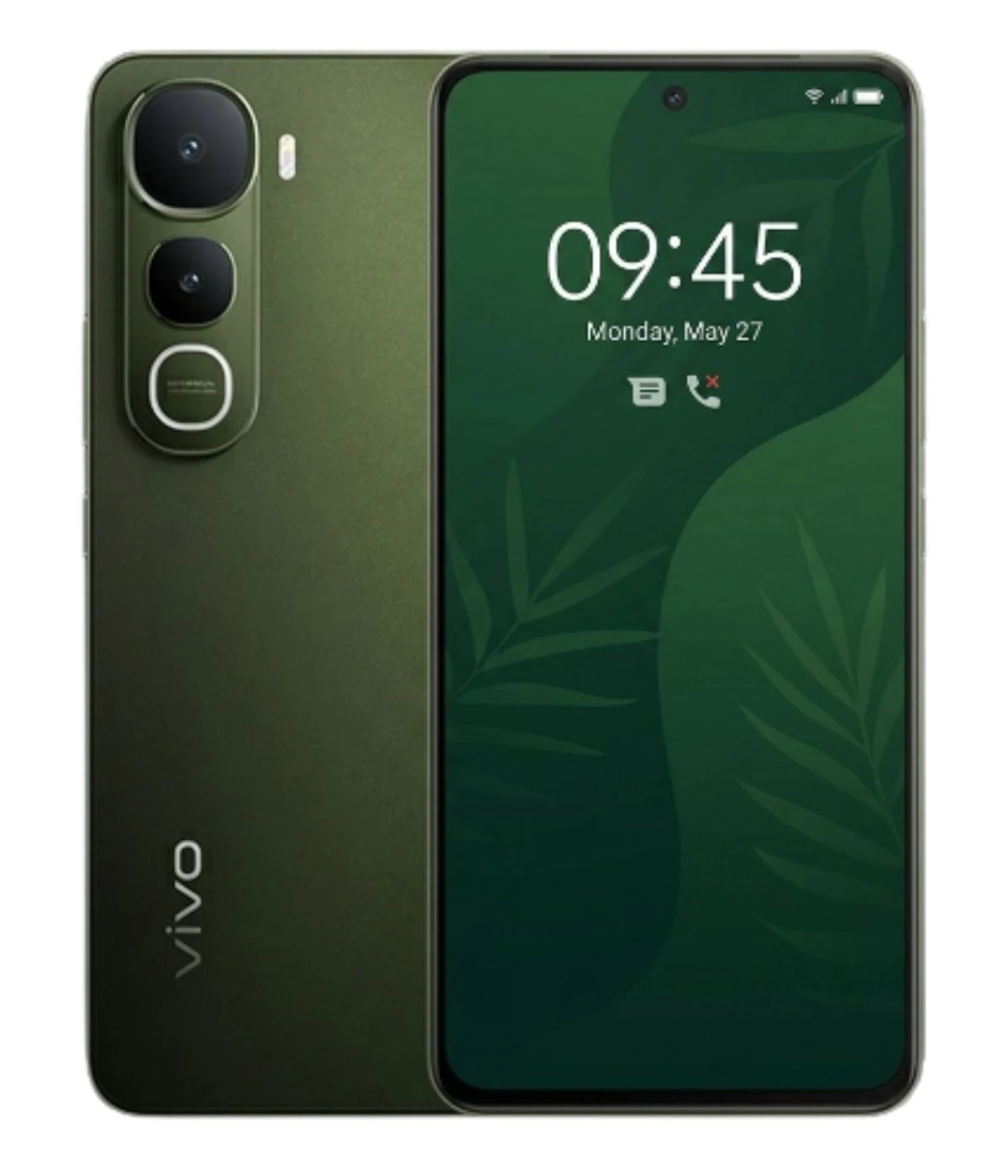 Vivo Y400 smartphone in a sleek olive green finish, featuring dual rear cameras and a vibrant display showing the time and date. The device has a modern design with a smooth texture and minimal bezels, ideal for tech enthusiasts.