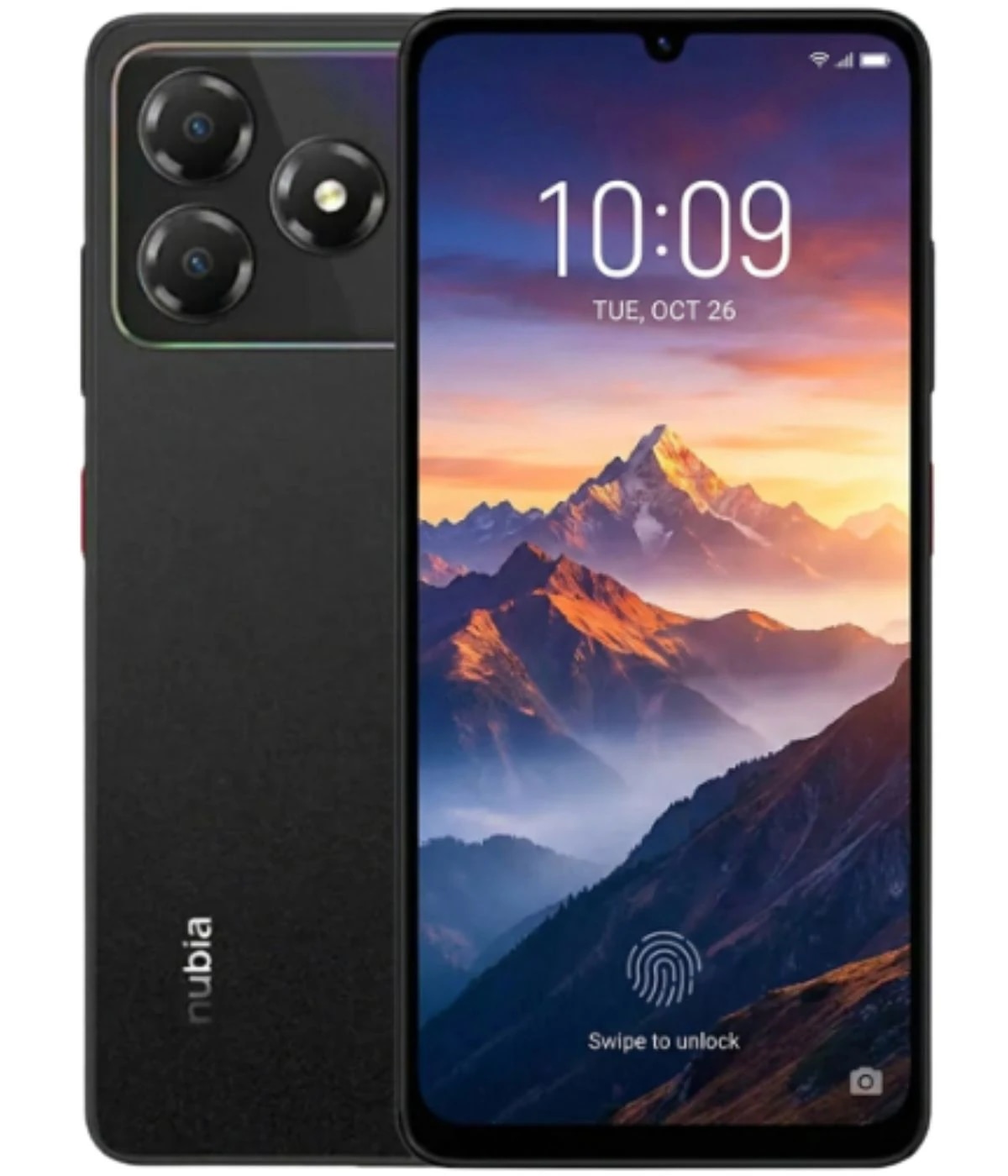 ZTE Nubia A36 smartphone featuring a sleek black design, triple rear camera setup, and vibrant display showcasing a mountain landscape. The device has a fingerprint unlock feature and a modern aesthetic.