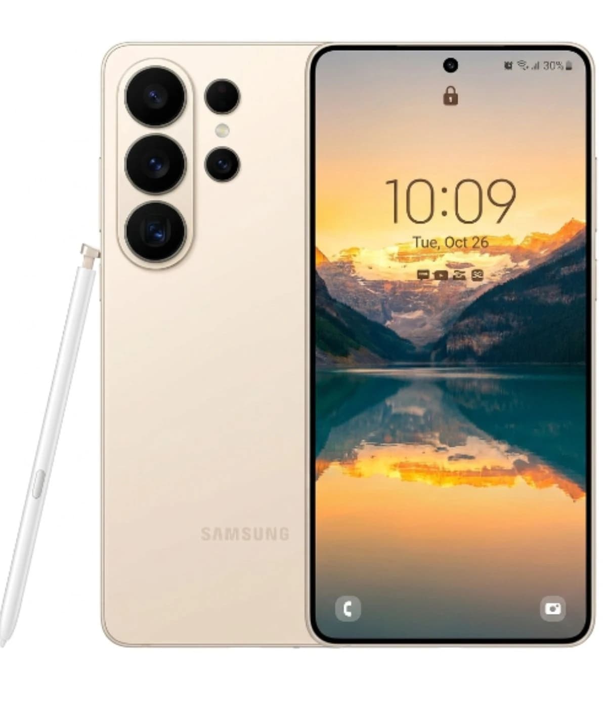 Samsung Galaxy S26 Ultra smartphone in elegant cream color featuring a stunning display with a scenic mountain wallpaper. The device showcases a sleek design with a triple camera setup and an S Pen stylus beside it.