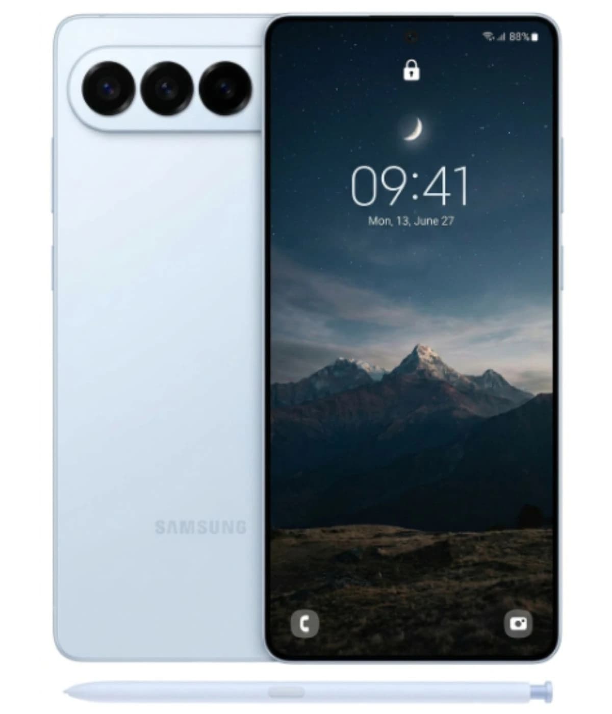 Samsung Galaxy S27 Ultra smartphone in white with a sleek design, featuring a large display showing a scenic mountain wallpaper, three rear cameras, and an S Pen stylus. The device is positioned against a plain background.